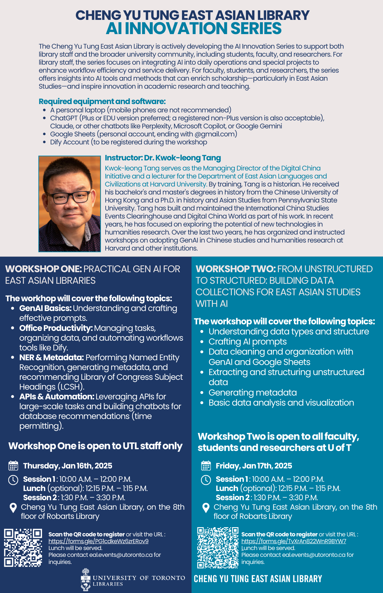 The Cheng Yu Tung East Asian Library is actively developing the AI Innovation Series to support both library staff and the broader university community, including students, faculty, and researchers. For library staff, the series focuses on integrating AI into daily operations and special projects to enhance workflow efficiency and service delivery. For faculty, students, and researchers, the series offers insights into AI tools and methods that can enrich scholarship—particularly in East Asian Studies—and inspire innovation in academic research and teaching.