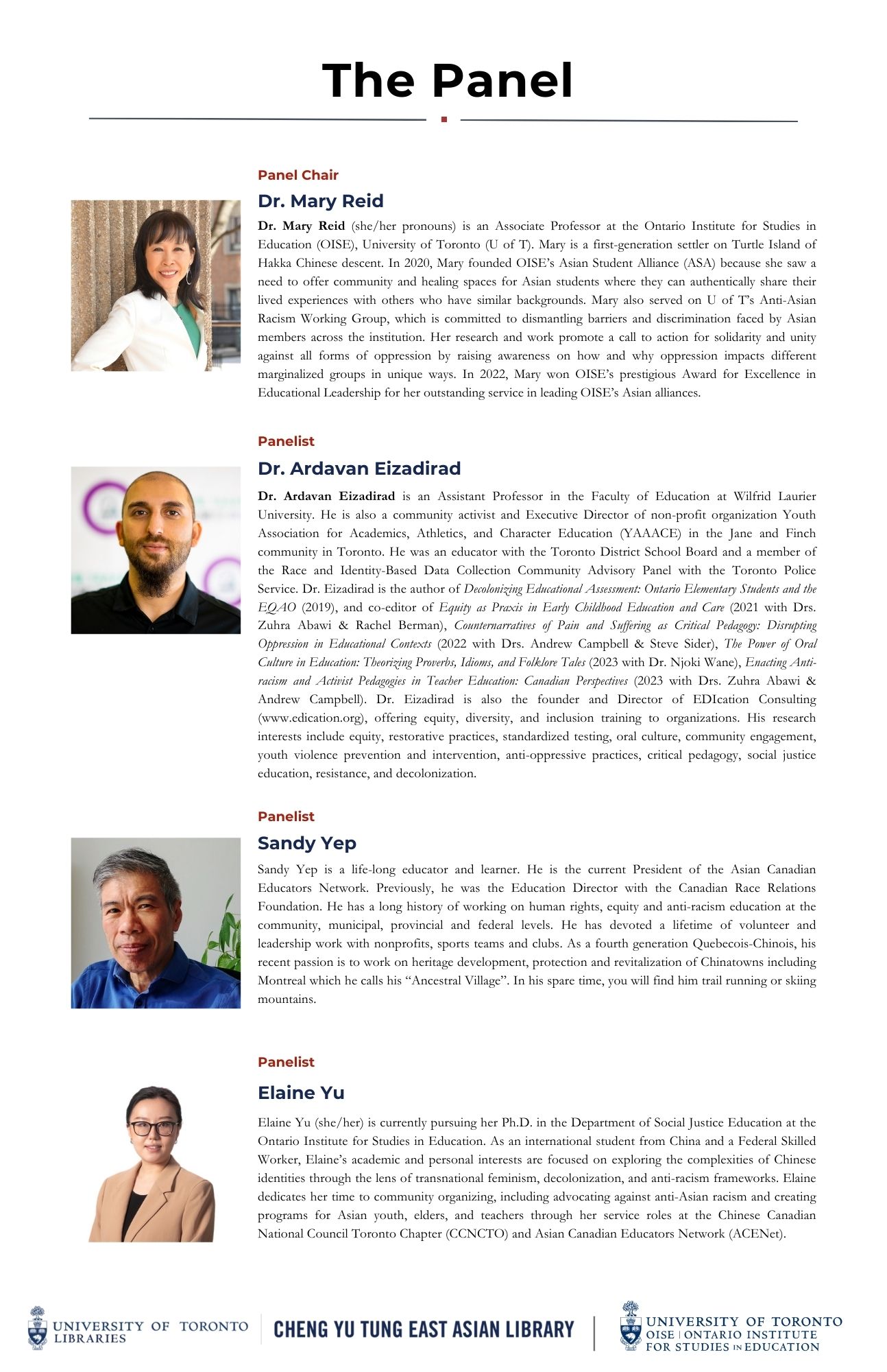 Event poster 2 of 2. Depicts text and images of the panelists, including the panelist portraits and biographies.