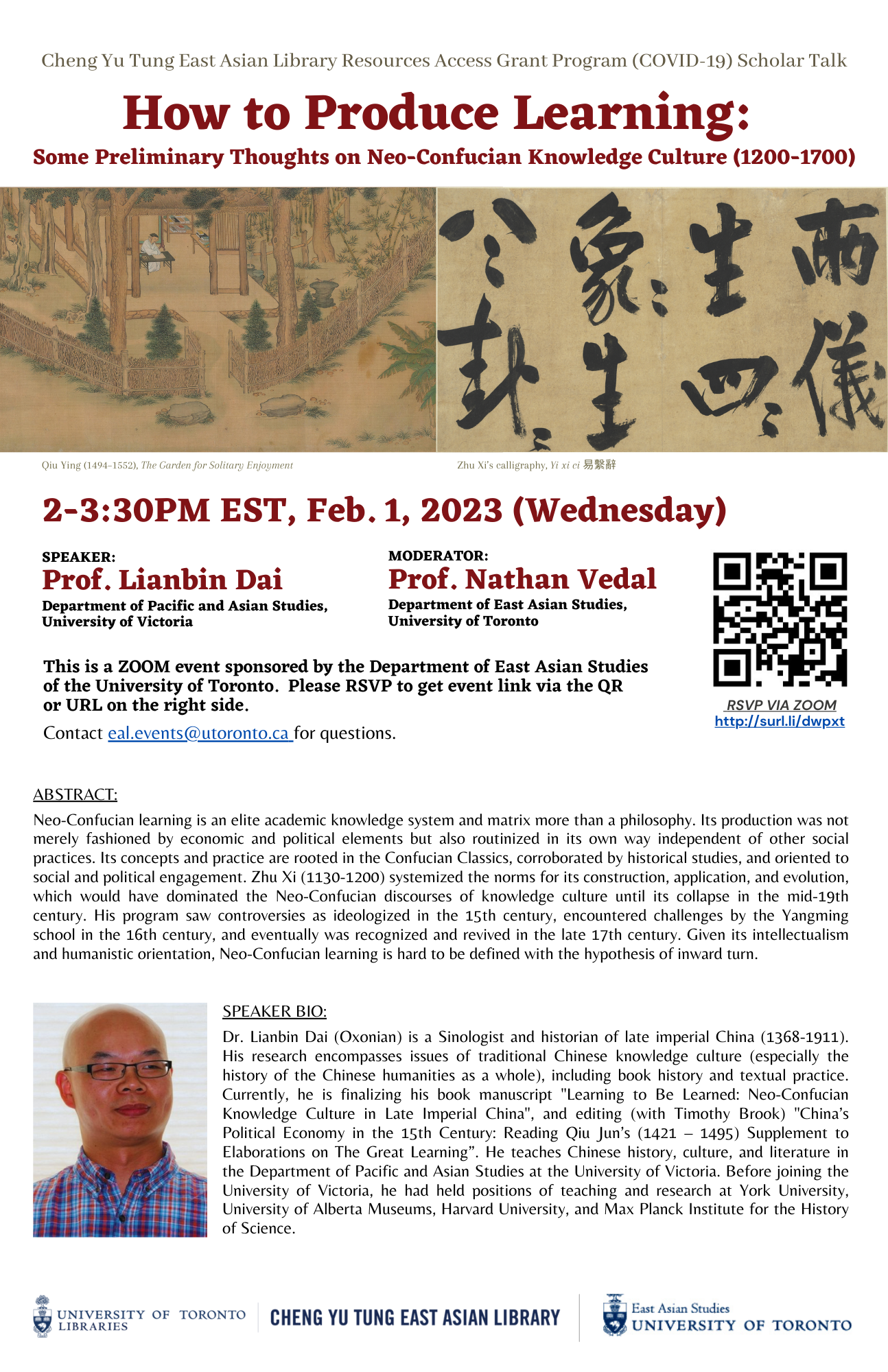 Poster for the event: How to Produce Learning: Some Preliminary Thoughts on Neo-Confucian Knowledge Culture (100-1700) scholars talk. Image depicts Chinese calligraphy an a watercolour of a Confucian scholar writing at a desk in an enclosure that is surrounded by trees.  