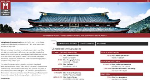 Image of the desktop view of the online database China Research Gateway which has an image of an Chinese architecture as the banner and a description of the database on the left, with publications, search engine and subject databases on the right side of the webpage.