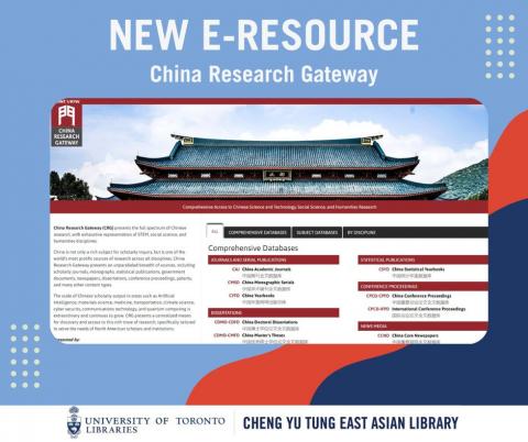 Image of the desktop view of the online database China Research Gateway which has an image of an Chinese architecture as the banner and a description of the database. The image is on a blue, red and navy background with the Cheng Yu Tung East Asian Library logo at the bottom.