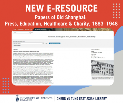 Image Description: text and graphics on a red and blue background with a screenshot of the desktop view of the e-resource "New e-Resource: Papers of Old Shanghai: Press, Education, Healthcare & Charity, 1863–1948 Collection"