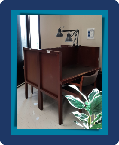 Image of study carrels in the East Asian Library with new lamps to provide better light for users.