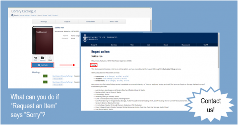 Screenshot of U of T Libraries catalogue page and "Request an Item" page saying "Sorry" for an item that is not available online or through curbside pick-up