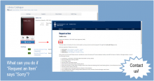 Screenshot of U of T Libraries catalogue page and "Request an Item" page saying "Sorry" for an item that is not available online or through curbside pick-up
