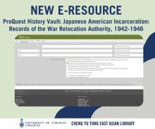 Image of the desktop view of the online database ProQuest History Vault: Japanese American Incarceration: Records of the War Relocation Authority, 1942-1946 on a light green, navy and grey coloured background with white text.